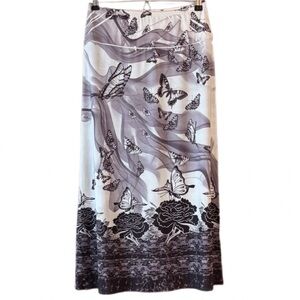 Jasper S Butterfly & Rose Print Pull-On Midi Skirt S Elastic Waist